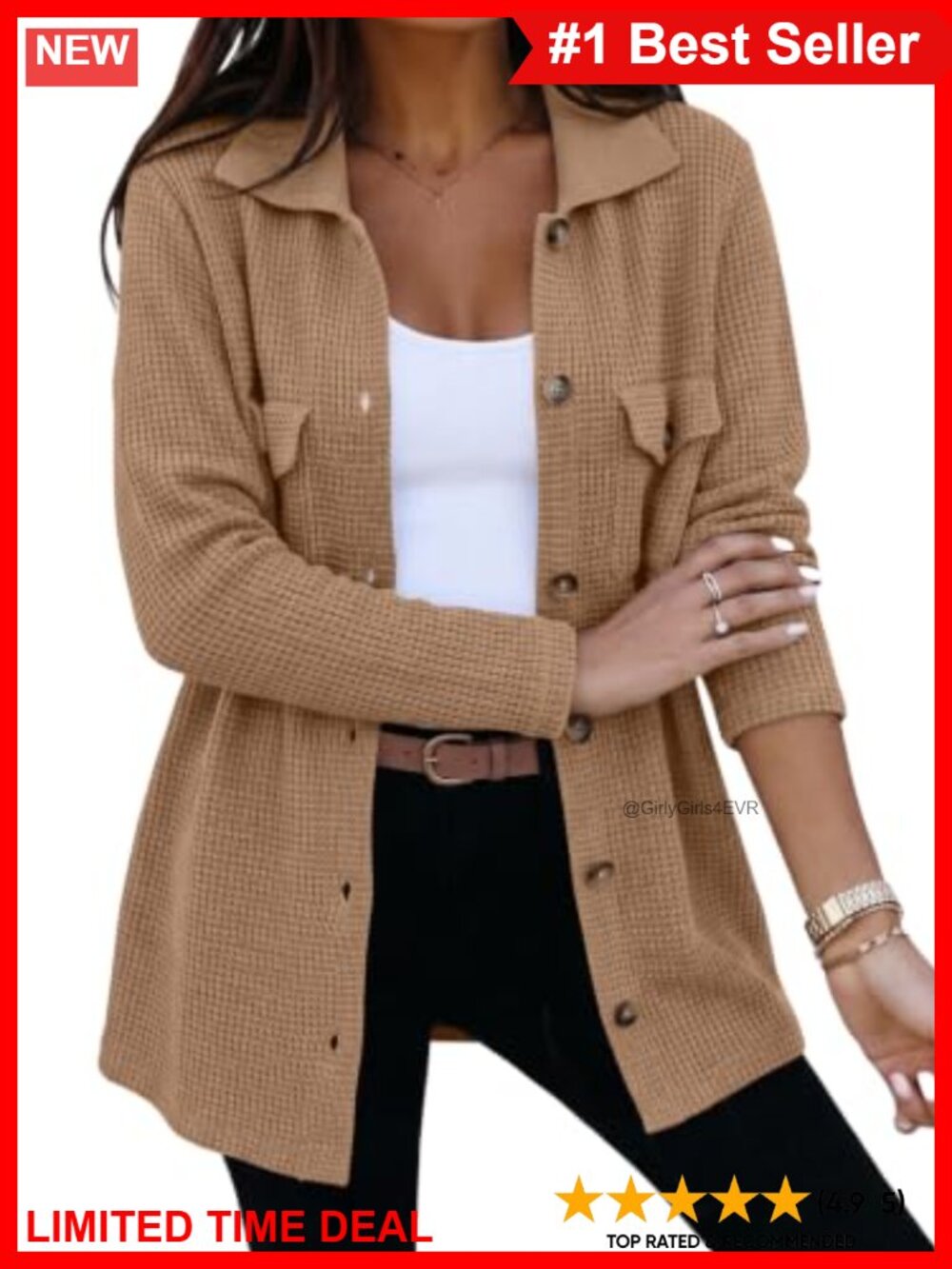 Waffle Knit Button Down Cardigan Shacket Long Sleeve V-Neck